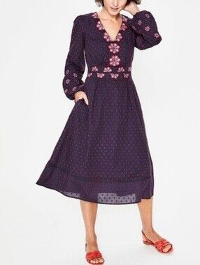 Boden Navy Midi Dress with Floral Embroidery